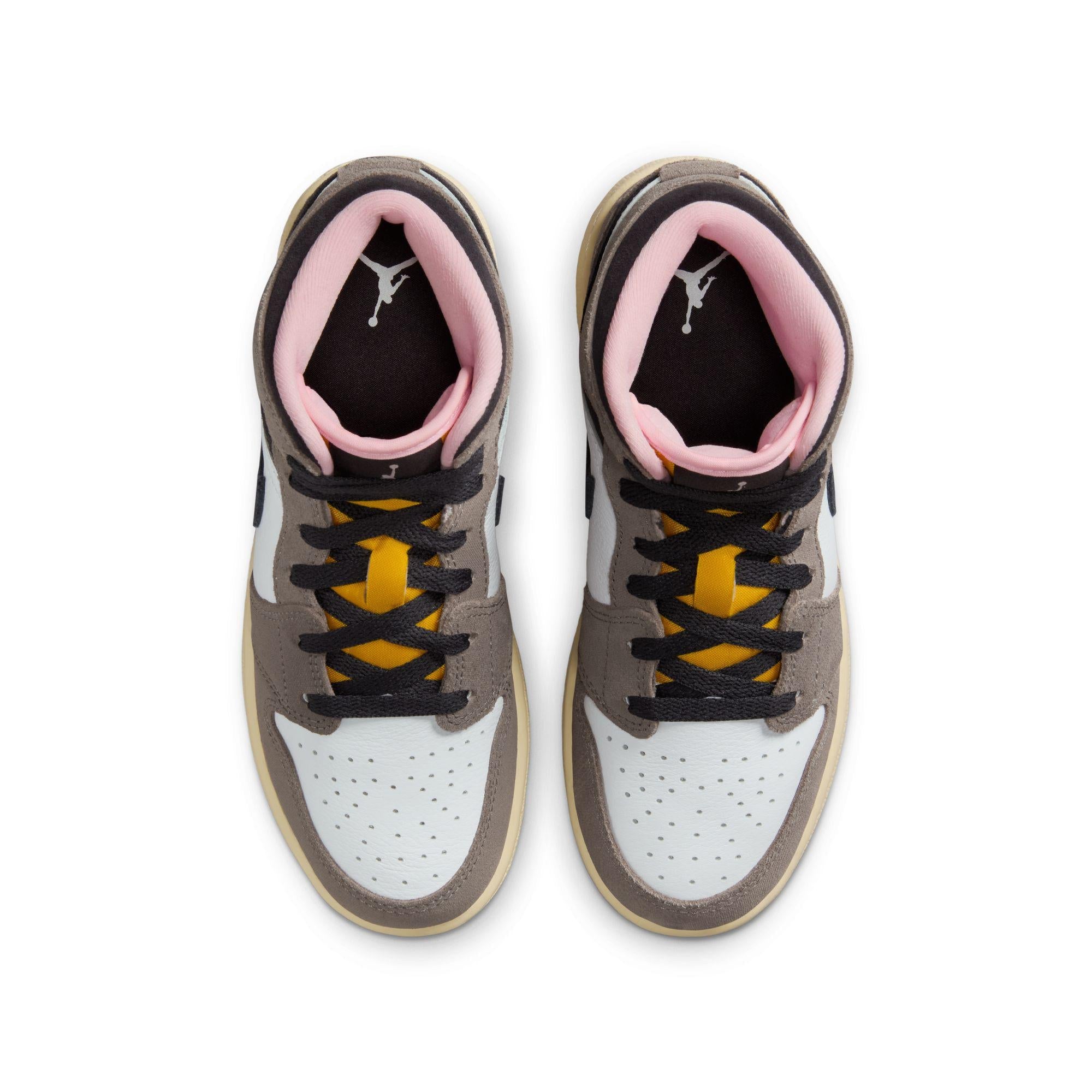 Air Jordan 1 Mid SE Big Kids' Shoes White/Oil Grey-Cave Stone-Dark Sulfur